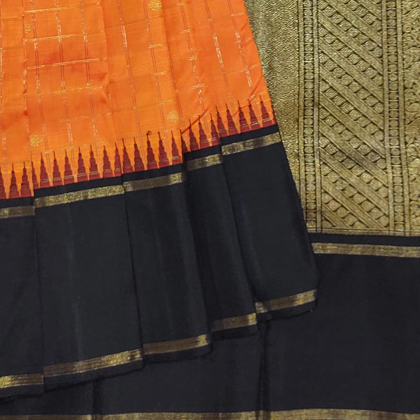 Apricot Orange & Black Handloom Kanchipuram Silk Saree