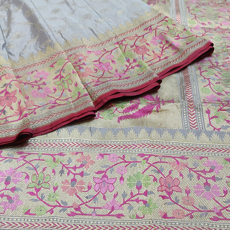 Grey Banarasi Handwoven Silk Saree With Dark Deep Floral Vine Border-9885