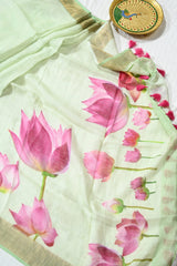 Light Green Handloom Linen Saree with Lotus