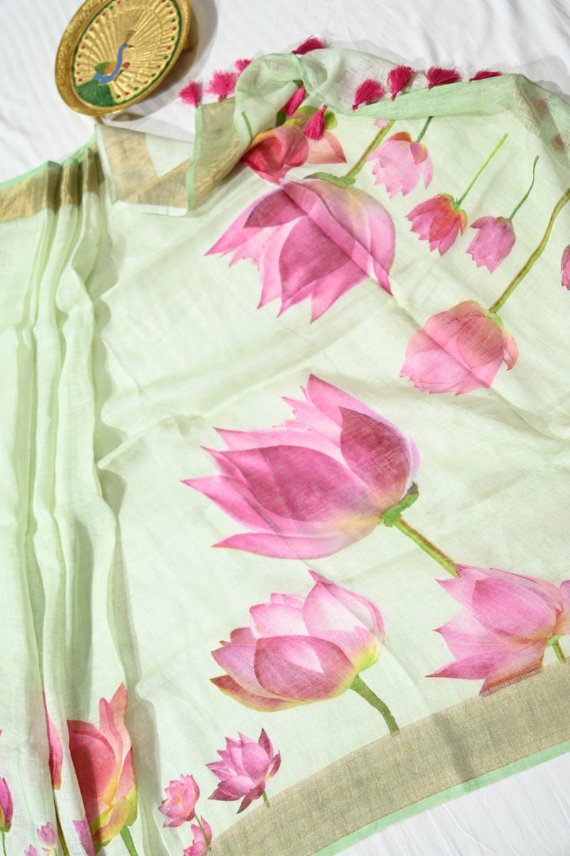 Light Green Handloom Linen Saree with Lotus