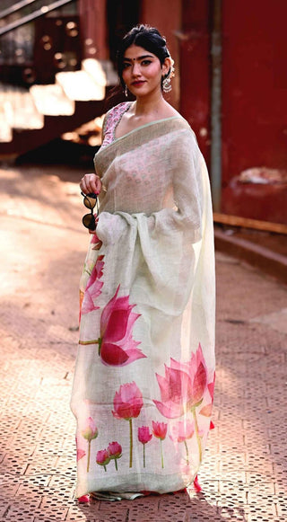 Light Green Handloom Linen Saree with Lotus