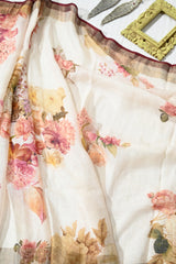 Niharicka's Cream and Maroon Floral Linen Saree