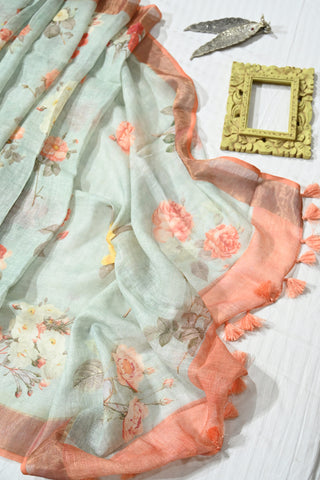 Pastel Sea Blue and Peach Linen Saree