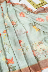Pastel Sea Blue and Peach Handloom Linen Saree