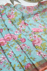 Light Blue Handloom Linen Saree with Pink Flowers