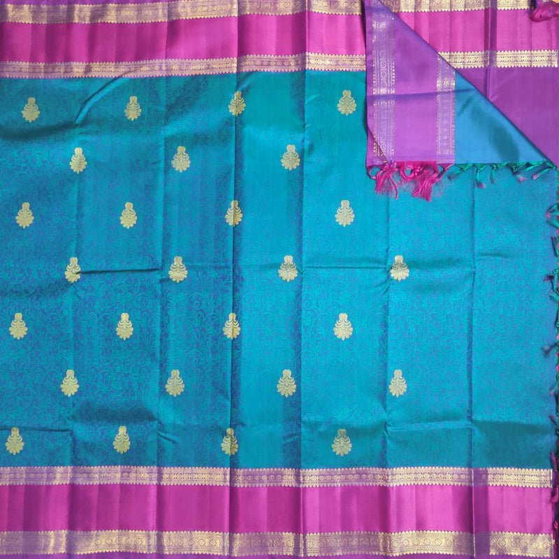 Subtly Beautiful Blue and Pink Kanchipuram Silk Saree