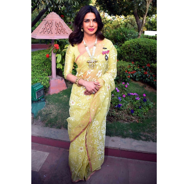 Priyanka Chopra's Yellow Handloom Jamdani Saree (Made to Order)
