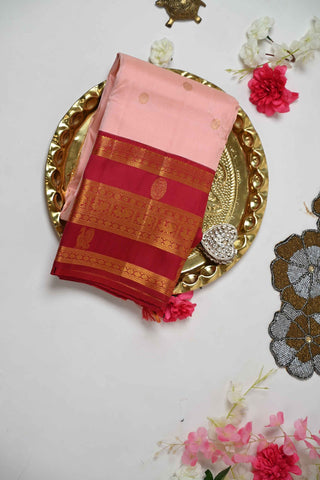 Peach And Red Handloom Kanchipuram Silk Saree