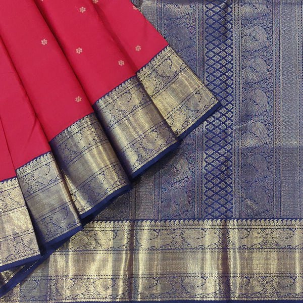 Red Kanchipuram Silk Saree With Blue Zari Border-0