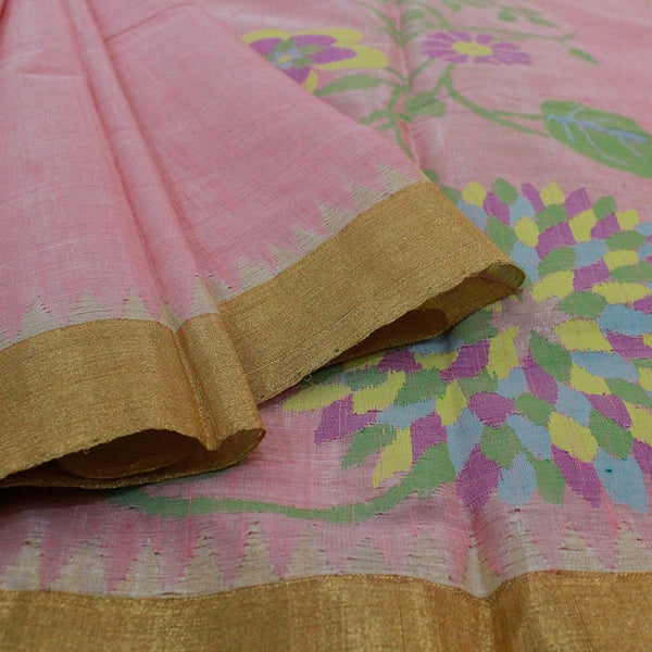 Baby Pink Cotton Uppada Saree With Flower Buttas And Temple Border.-3123