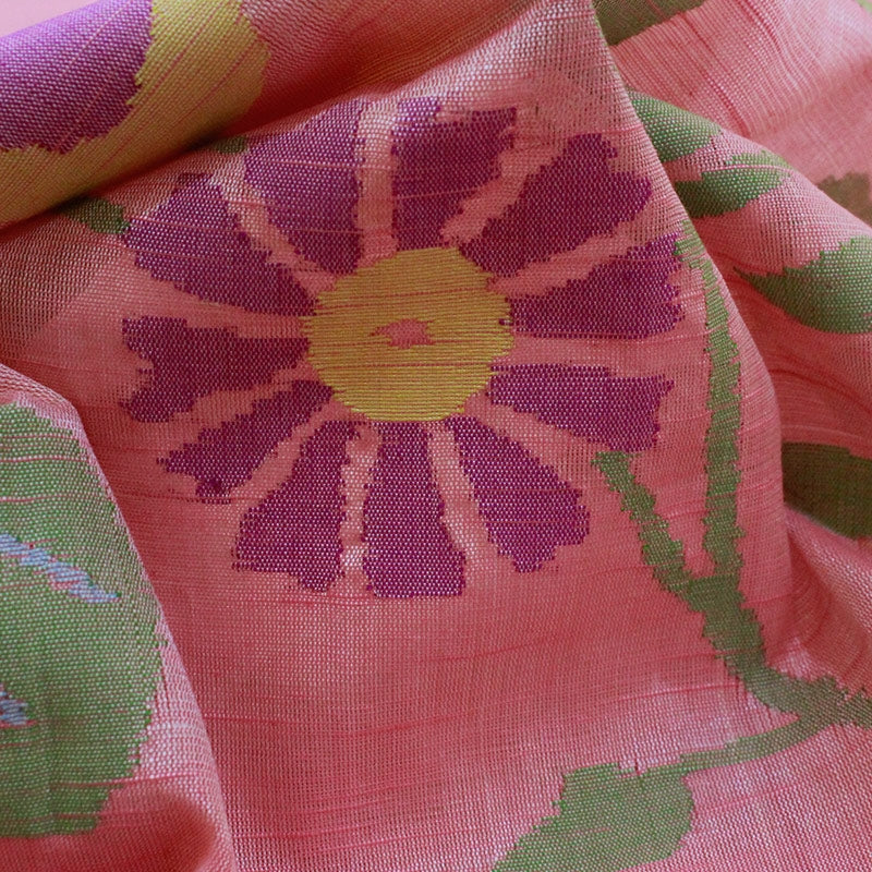 Baby Pink Cotton Uppada Saree With Flower Buttas And Temple Border.-3124