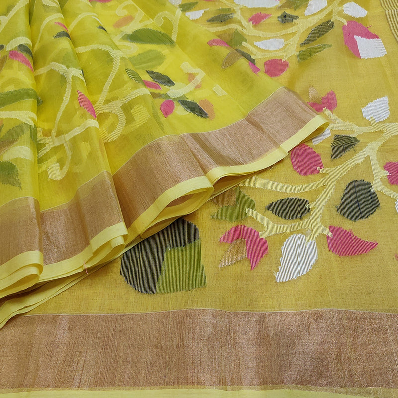 Yellow Jamdhani Saree With Floral Weaves-0