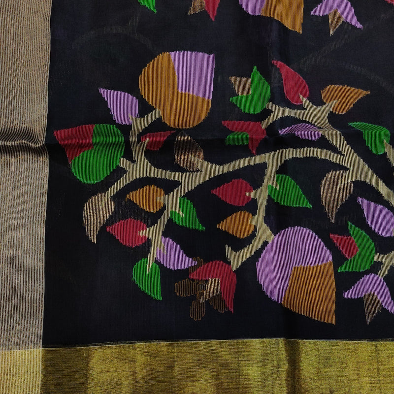 Black Jamdhani saree with floral vines-9702