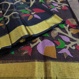 Black Jamdhani saree with floral vines-9703