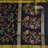 Black Jamdhani saree with floral vines-9701