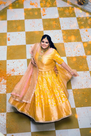 Jagriti's Yellow and Baby Pink Banarasi Lehenga