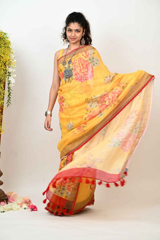 Floral Yellow Linen Saree