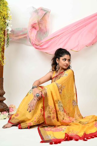 Floral Yellow Linen Saree