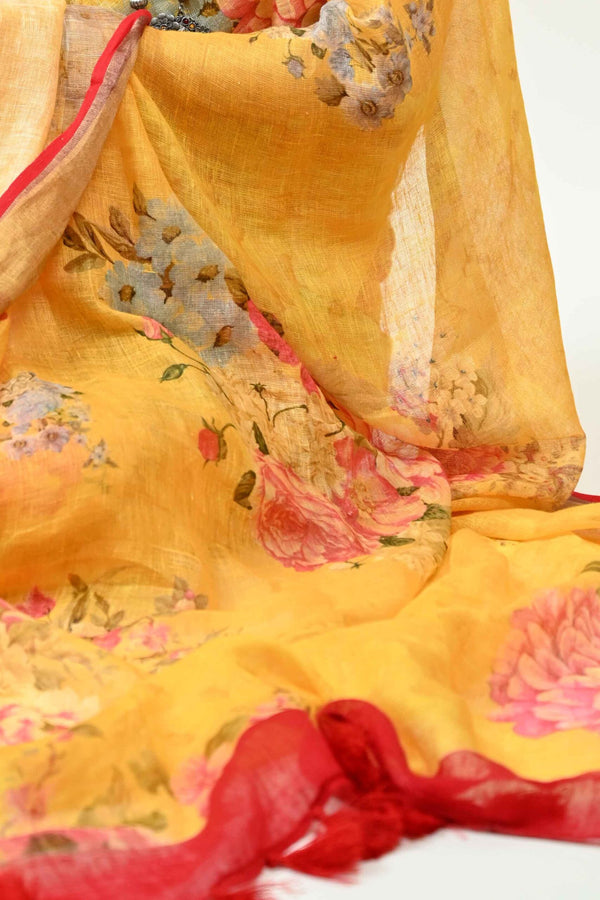 Floral Yellow Handloom Linen Saree