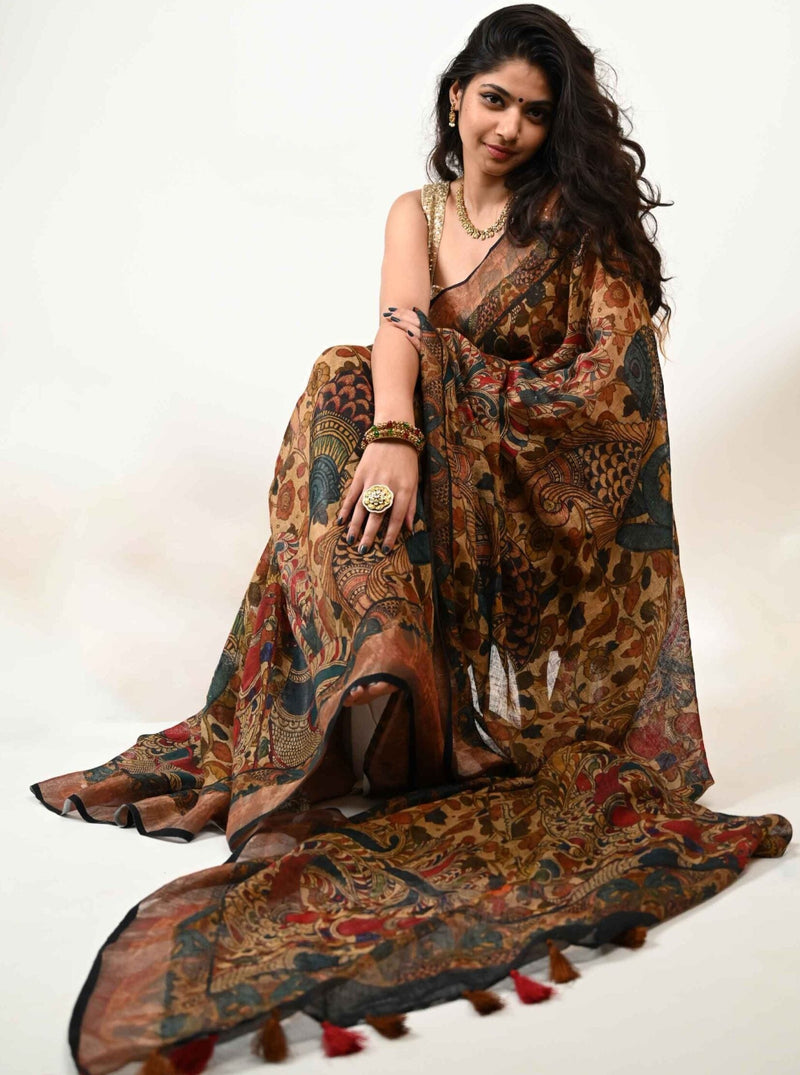 Kalamkari Printed Handloom Linen Saree