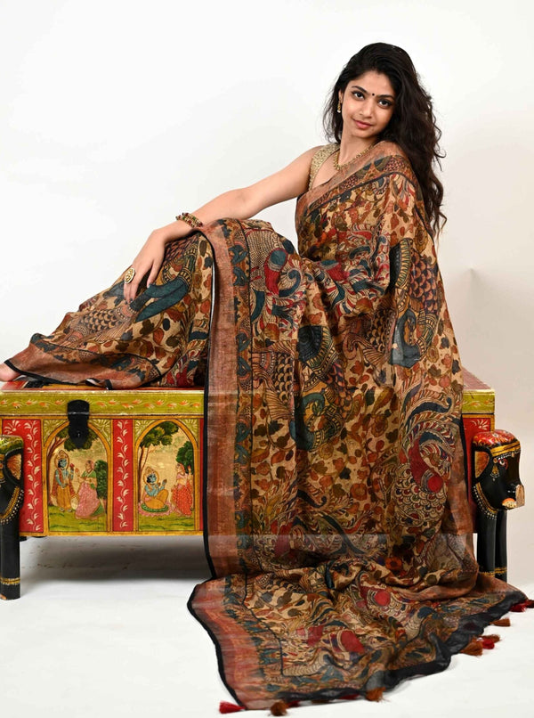 Kalamkari Printed Handloom Linen Saree