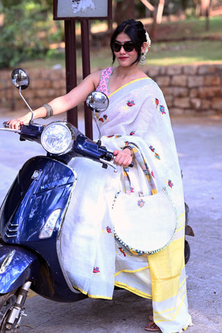 White and Yellow Linen Saree with Birds Embroidery