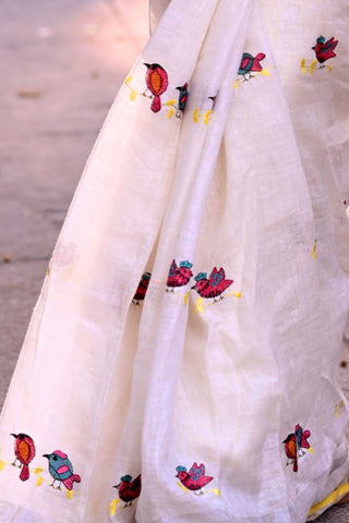 White and Yellow Linen Saree with Birds Embroidery