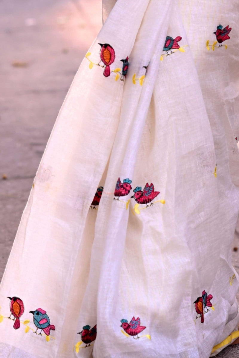 White and Yellow Handloom Linen Saree with Embroidery