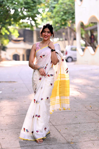 White and Yellow Linen Saree with Birds Embroidery