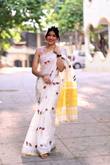 White and Yellow Handloom Linen Saree with Embroidery