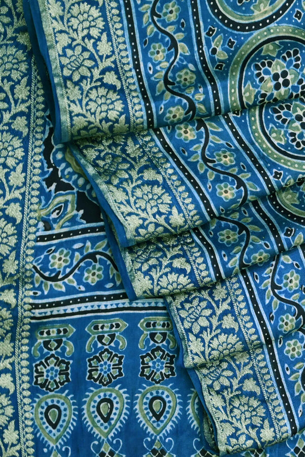 Blue, Green and Black Ajrakh Silk Saree