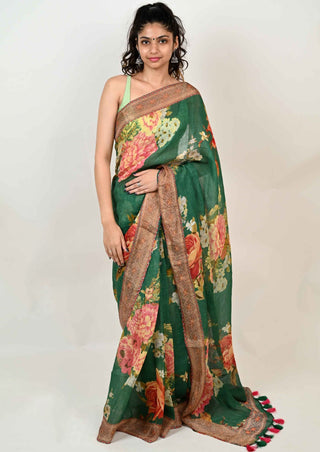 Floral Green Handloom Linen Saree