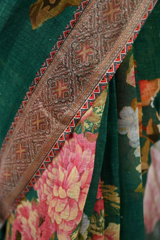 Floral Green Handloom Linen Saree