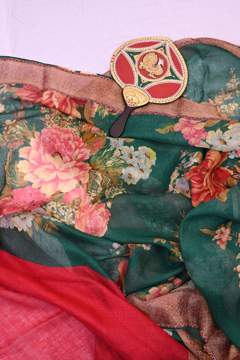Floral Green Handloom Linen Saree