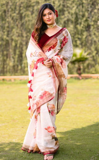 Niharicka's Cream and Maroon Floral Linen Saree