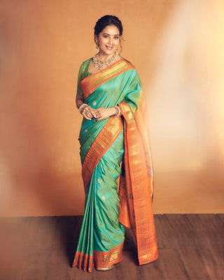 Madhuri Dixit’s Sea Green and Orange Handloom Paithani Silk Saree