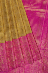 Golden and Pink Handwoven Kanchipuram Saree with Rudraksh and Swan Motifs