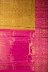 Golden and Pink Handwoven Kanchipuram Saree with Rudraksh and Swan Motifs