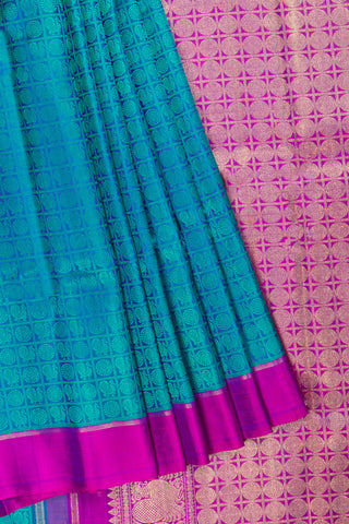 Blue Base With Teal Green Motifs Kanchipuram Silk Saree