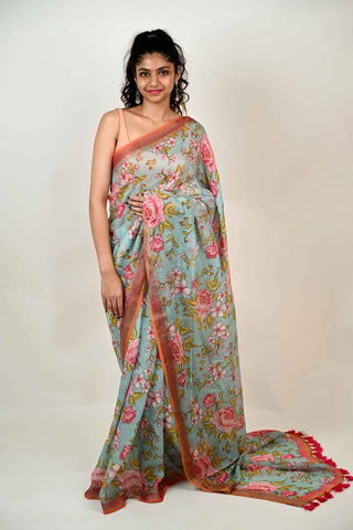 Light Blue Linen Saree with Pink Flowers