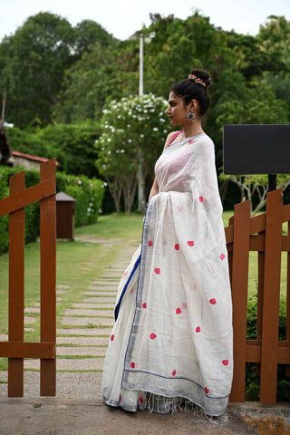 Candy Red Pomegranates Embroidered Linen Saree