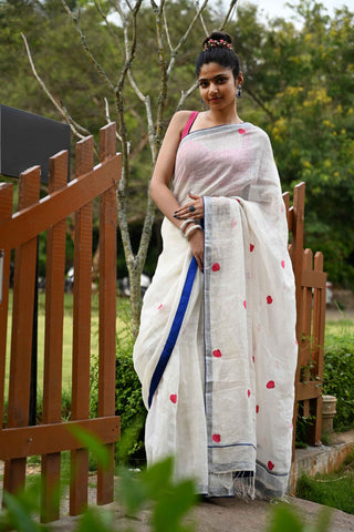 Candy Red Pomegranates Embroidered Linen Saree