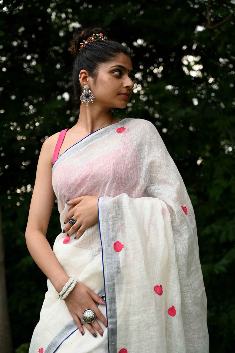 Candy Red Pomegranates Embroidered Linen Saree