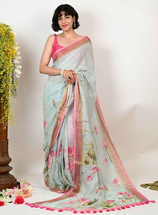 Sea-Blue Linen Saree with Small Lotus