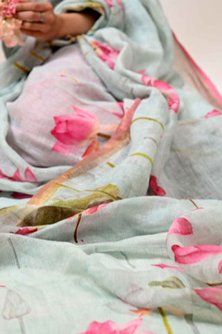 Sea-Blue Linen Saree with Small Lotus