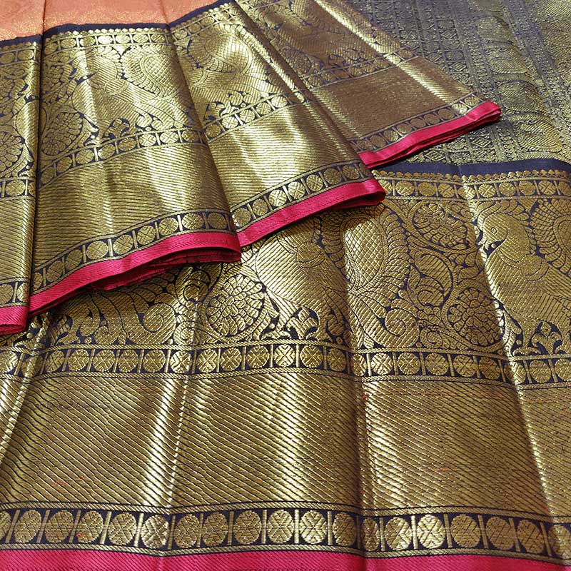 Jacquard Pattern Bright Orange Kanchipuram Silk Saree – Sundari Silks