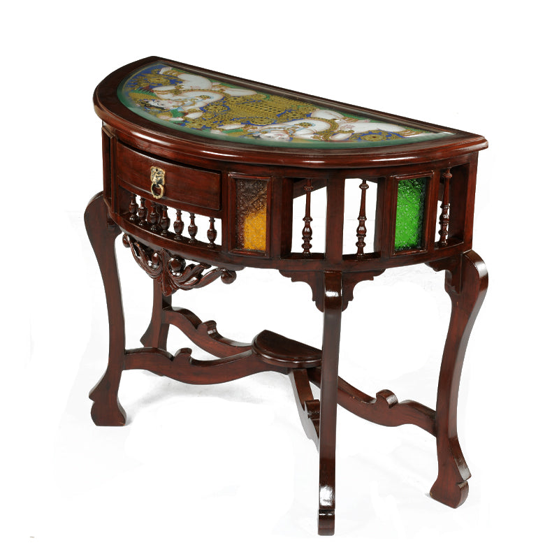 Console Table Teak Wood with Honey Brown Finish with Tanjore Painting