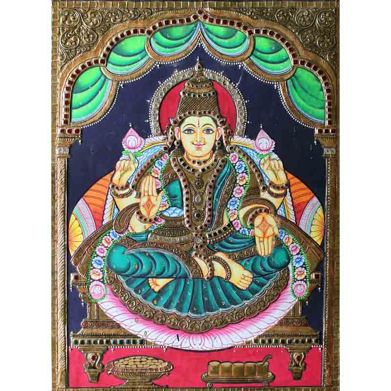 Goddess Lakshmi Sitting on Lotus Tanjore Painting