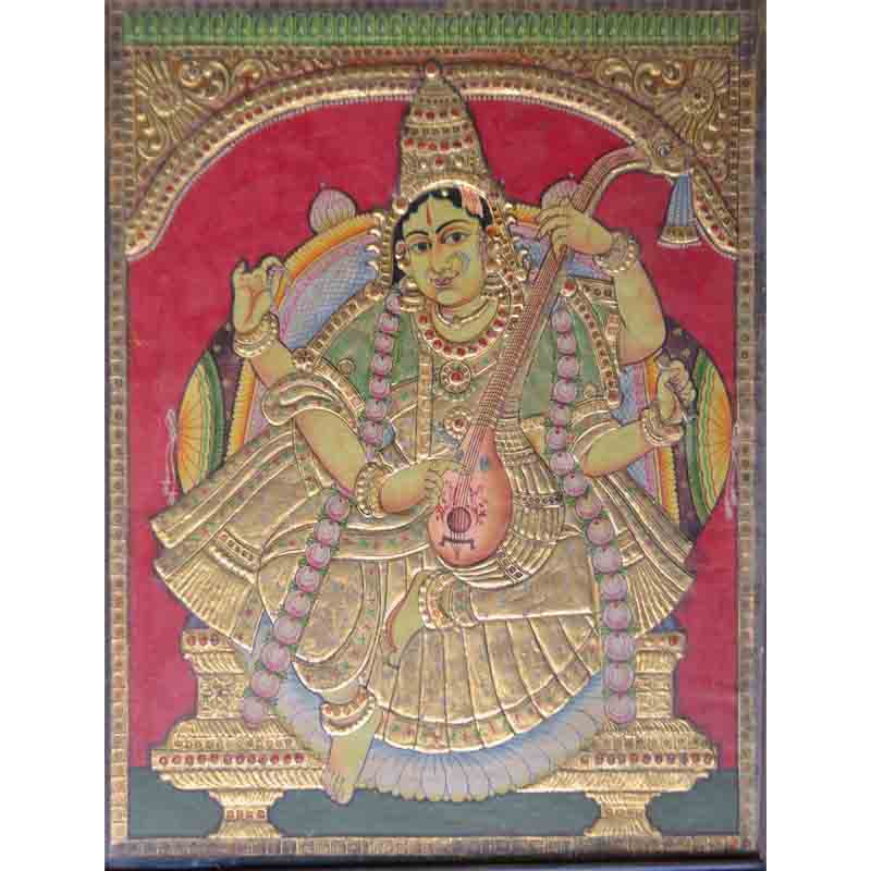 Goddess Saraswati with Veena Tanjore Painting