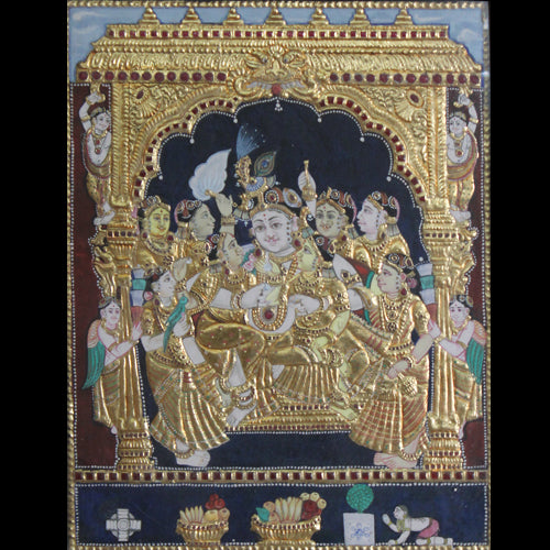 Krishna with Rukmini Stayabhama Tanjore Painting